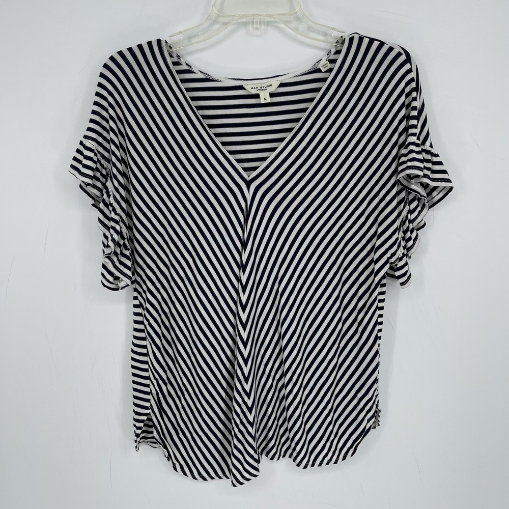 Max Studio Women's Navy White Striped Ruffle Sleeve V-Neck Top Blouse Size M